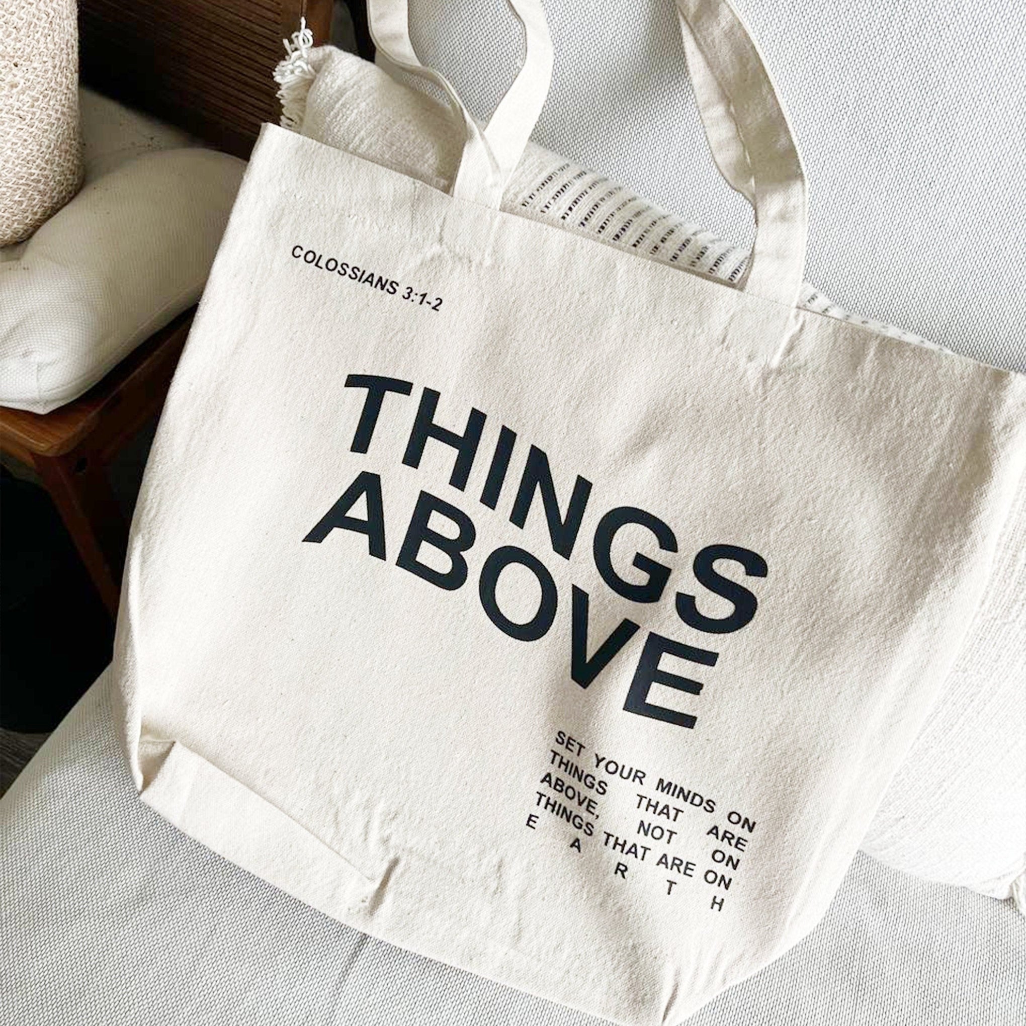 Christian Large Tote Bag – THINGS ABOVE Colossians 3:1-2 – Beige Canvas Tote – Bible Verse Christian Gift – Faith-Based Scripture Bag – Religious Gift for Women